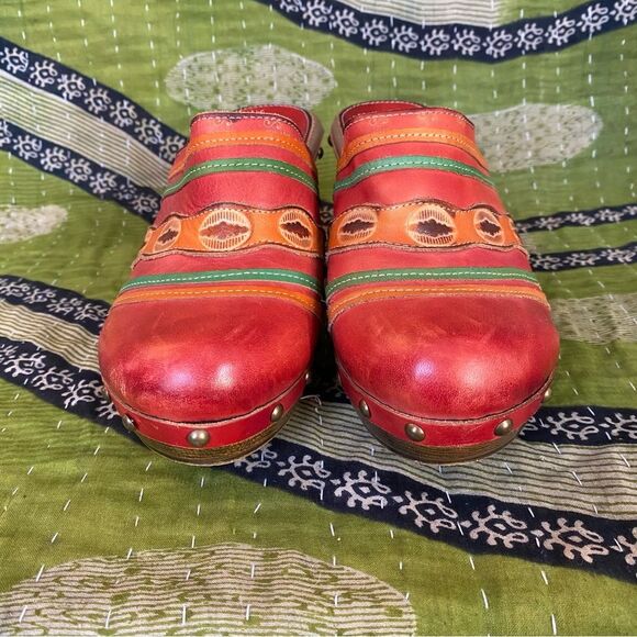 Spring Step Aztec Studded Leather High Heel Clog Mules Size 40 - Picture 2 of 13